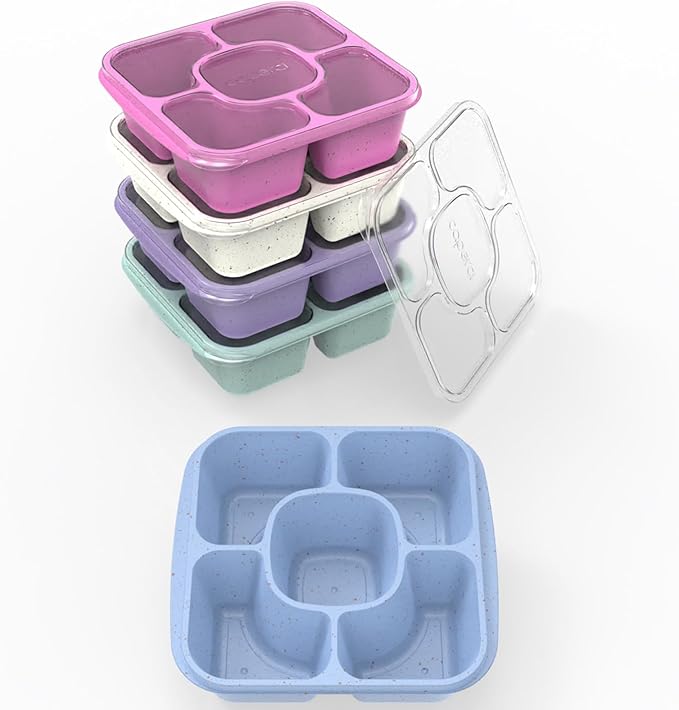 Caperci 5-Pack Lunchable Container Set for Kids & Adults - Reusable Bento Snack Box Containers with 5-Compartment for Food Storage & Meal Prep, Wheat Straw, BPA-Free (Dark & Clear Lids)