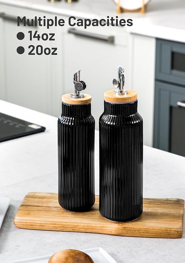 Nucookery 20oz Ceramic Olive Oil Dispenser Bottle for Kitchen spray, Large Capacity Cooking Oil Container for Storage Vinegar, Soy Sauce, Coffee Syrup, Liquids, Black