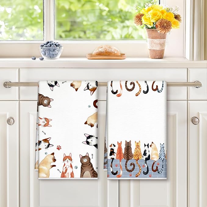 Cute Cat Microfiber Kitchen Towels, Gift for Cat Lovers, Soft Absorbent Hand Towel 15.7 × 23.6 Inch, Thick Dish Cloth for Party Anniversary Holiday Decoration, Housewarming Gifts for Mom