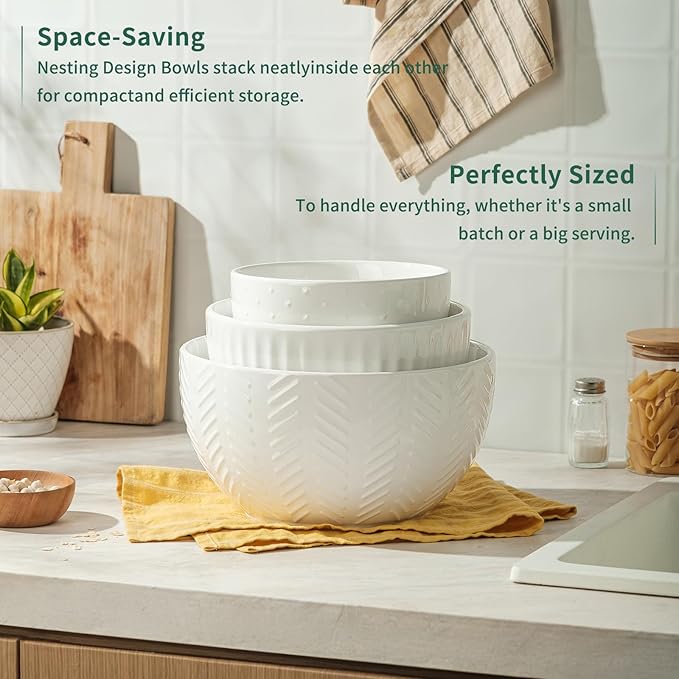 HAPPY KIT Ceramic Mixing Bowls Set, Nesting Bowls Set For Kitchen,Large 5/3/1.5 Quart Bowl Set of 3, Prep Serving Bowl for Baking and Mixing Salad,Oven, Microwave and Dishwasher Safe