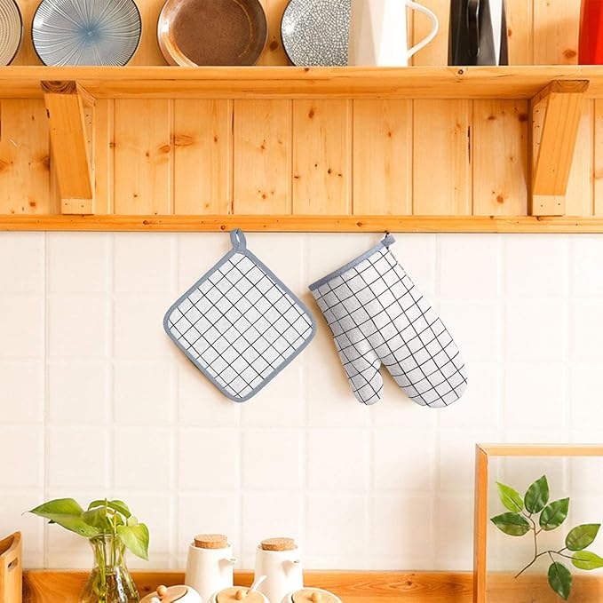 Oven Mitts and Potholders BBQ Gloves-Oven Mitts and Pot Holders with Recycled Infill Silicone Non-Slip Cooking Gloves for Cooking Baking Grilling (4-Piece Set) (White)