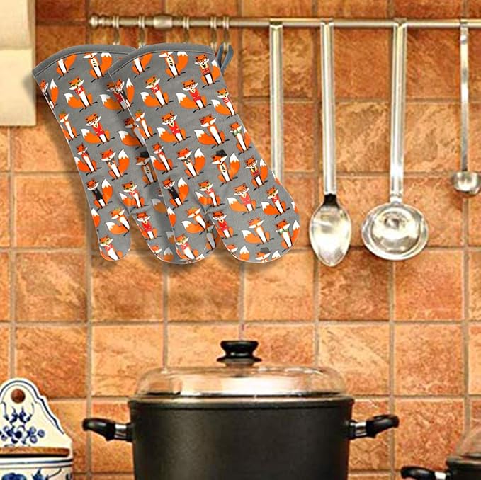 Oven Mitts Gloves 1 Pair Heat Resistant 480 ℉ Non Slip Clear Silicone Printed Fox Comfortable Cotton Lining Kitchen Women Men Cooking Baking Barbecue Machine Washable (Fox, Gray Mittens)