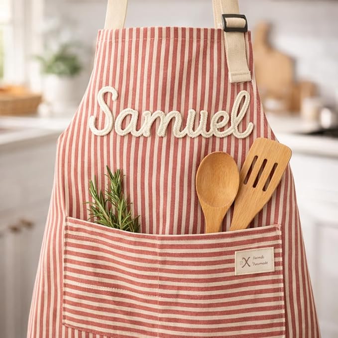 Personalized Apron for Women with Custom Name – Handmade 3D Crochet Corduroy Kitchen Apron with Pocket | Cute Cooking Baking Apron | 20+ Colors | Mother’s Day Gift for Mom