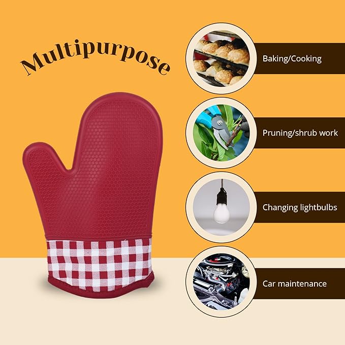 Amruta Pair of Silicone Shell Oven Mitts, 2 Pieces Heavy Duty Baking Kitchen Mitts for BBQ Microwave Stove, Heat-Resistant up to 500F, Oven Glove with Silicone Textured Grip (11 x 7 in, Red)