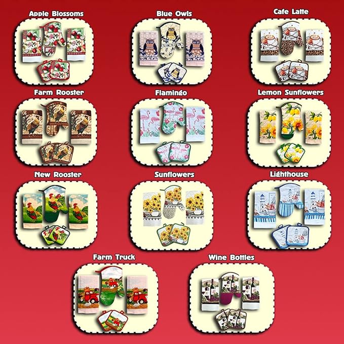 Lobyn Value Packs - Red Apples on a Patchwork Quilt, 5 Piece Kitchen Towel Set with 2 Decorative Dish Towels (25 X 15), 1 Oven Mitt (11 X 7) and 2 Potholders (6.5 X 6.5)