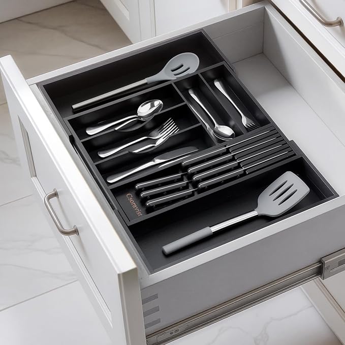9-Piece Bamboo Kitchen Drawer Organizer Set, Expandable Silverware &Utensil Organizer with Removable Knife Block & Steak Knives, Flatware Organization, Tableware Dividers Storage(Black)