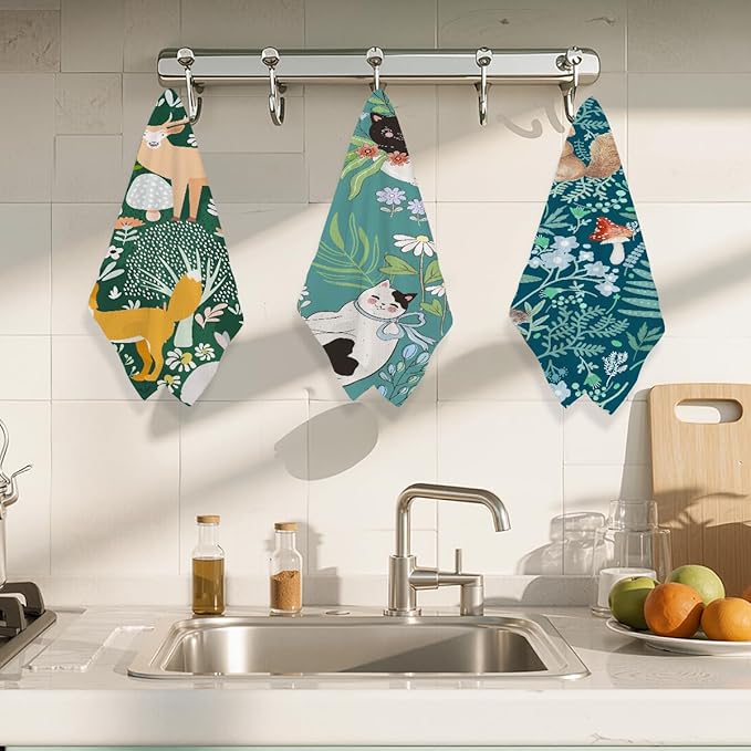 3Pcs Cat Kitchen Towels 24x14 Inch, Squirrel Fox Deer Decor Microfiber Reusable Tea Towels for Kitchen Bathroom Farmhouse, Durable Waffle Weave Dish Drying Towel, Floral Gifts for Women Mom Friend