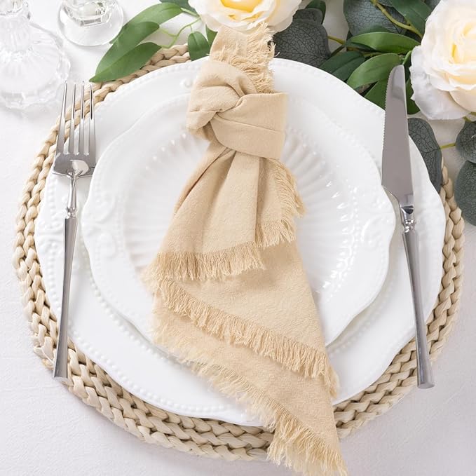 DeZerlor 6 Pack Champagne Cotton Linen Napkins with Fringe Spring Cloth Napkins Set of 6 Boho Handmade Dinner Napkins Bulk for Wedding Bridal Baby Shower Parties, 17 x 17 Inches