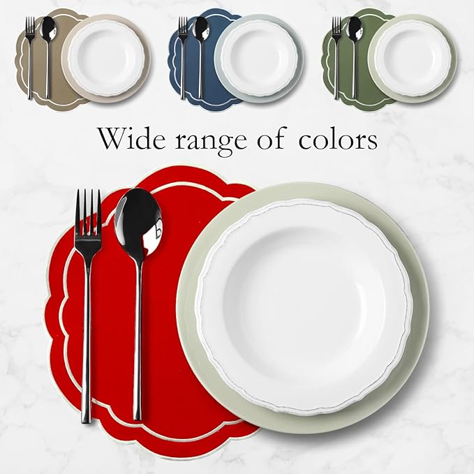 Round Placemats Set of 4, Cotton Linen- Double Layered, Luxury Scalloped Embroidered Cloth Table mats, 16 inch, Washable Fabric Dining Placemat (Red) Celebration