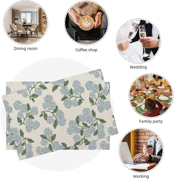 Blue Green Spring Placemats Set of 6 Hydrangea Flower Decor Place Mats 12x18 Inch Vintage Floral Summer Seasonal Decorative Linen Table Mats for Home Kitchen Dining Party Table Decoration