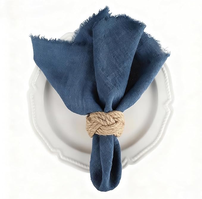 Cotton Blend Fringe Cloth Napkins - Crinkle Gauze Dinner Napkins, Reusable & Washable Table Napkins, 17" x 17" (43 x 43 cm), Multiple Colors, 12/24/48/100 Pack (12, Denim Blue)