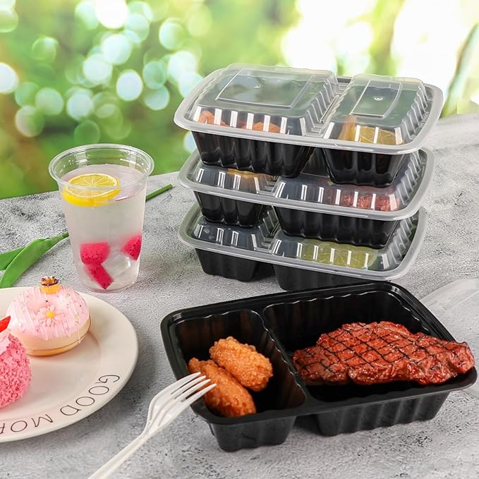 Meal Prep Containers 2 Compartment 15 Pack, 28 oz Divided Reusable Food Storage Containers with Lids Takeout Food Storage Containers Black, Microwave Dishwasher Freezer Safe, Stackable, BPA Free