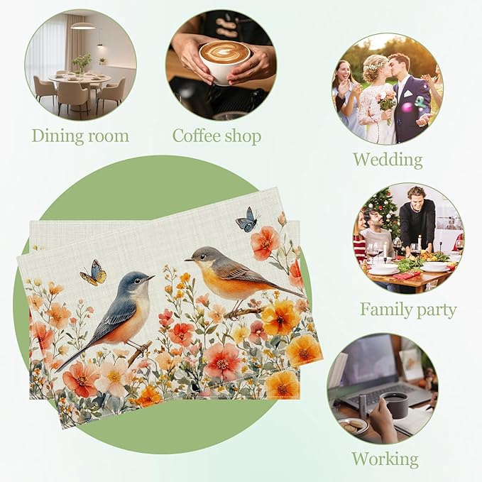 Spring Bird Flower Floral Placemats Set of 6, Washable Heat Resistant Table Mat Watercolor Floral Linen Place Mats for Party Kitchen Dining Home Decor 12x18 Inch