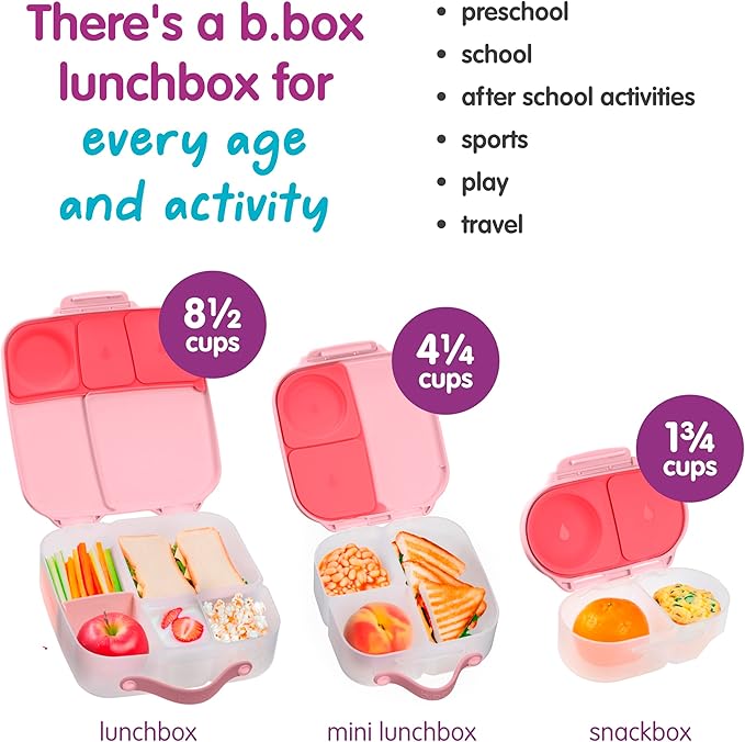 b.box Snack Box - Leakproof Mini Bento Box for Kids & Toddlers, 2 Compartment Snack Containers for Kids, Lunch Containers, Dishwasher Safe, BPA Free, PFAS Free, Ages 4m+, 1 3/4 Cup - Flamingo Fizz