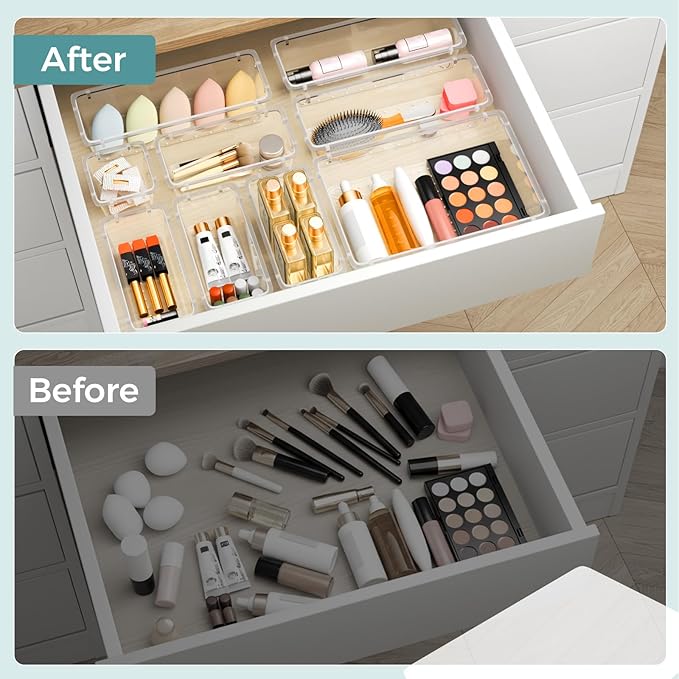 WOWBOX 44 PCS Clear Plastic Drawer Organizer Set, 5 Varied Size storage Bins and Desk Drawer Organizer Tool Trays for Makeup, Gadgets, Jewelry and Utensils in Bathroom, Bedroom and Office, Clear