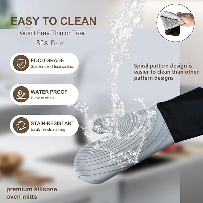 Silicone Oven Mitts-13.6 in Extended Oven Mitts Heat Resistant 500F, Oven Gloves with Soft Liner Good Grippy BPA-Free Easy to Clean Flexible-Oven Mits Set for Cooking Baking Grilling BBQ