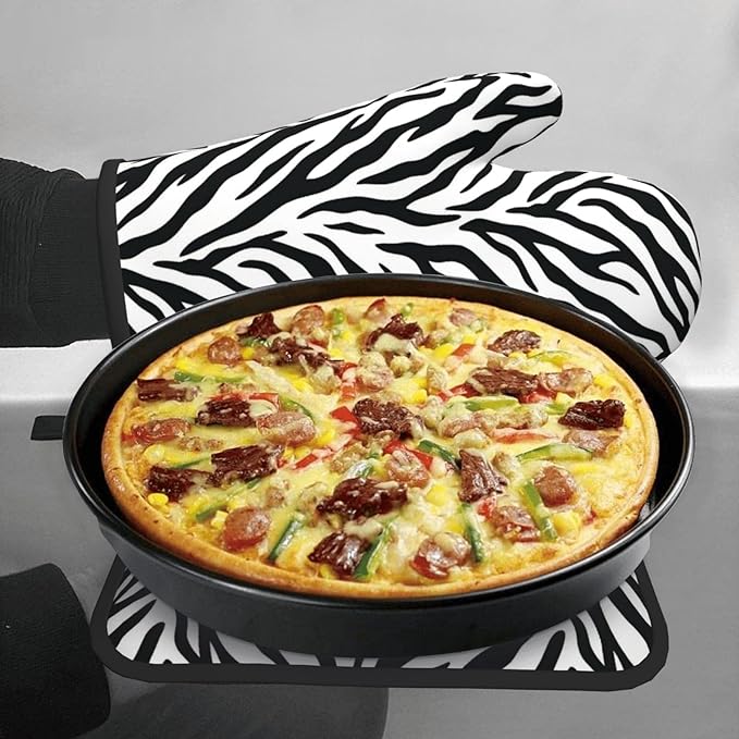 Zebra Stripe Oven Mitts and Pot Holders White Background Heat Resistant Oven Mitts Safe for Baking Cooking BBQ