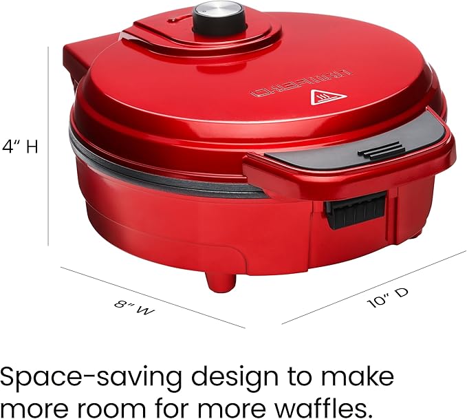 Chefman Anti-Overflow Belgian Waffle Maker w/Shade Selector, Temperature Control Mess Free Moat, Round Iron w/Nonstick Plates & Cool Touch Handle, Measuring Cup Included, Red