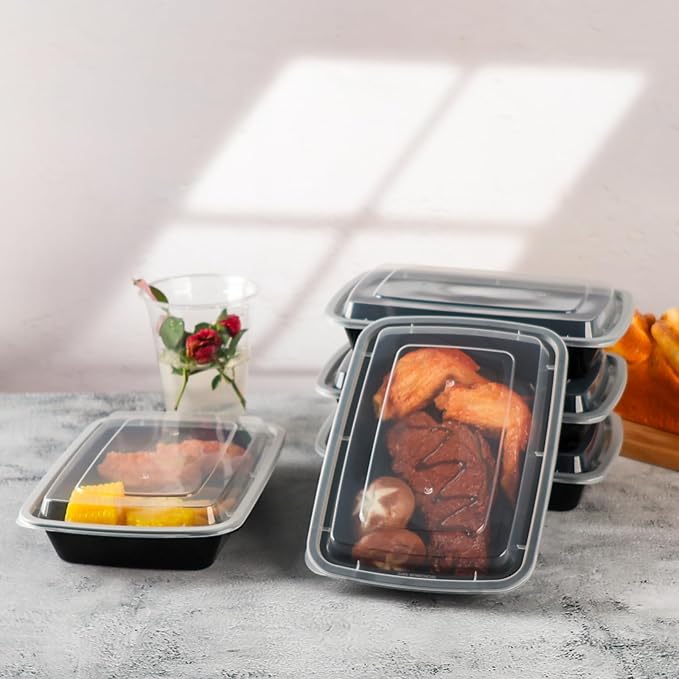 Meal Prep Containers Reusable 50 Pack-28 oz Food Storage Containers with Lids To Go Food Container Takeout, Microwave Dishwasher Freezer Safe, BPA Free, Plastic Containers (Black, Square)