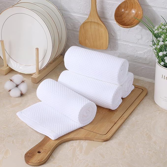 Kitinjoy 100% Cotton Waffle Weave Kitchen Hand Towels (13 X 28 Inches, White), 6-Pack Super Soft and Absorbent Dish Towel for Drying Dishes