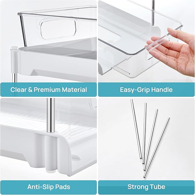 Vtopmart 2 Pack Bathroom Organizer, 2 Tier White Under Sink Organizers Vanity Countertop Storage Container,Cabinet Drawers Bins, Pull-Out Organization with Track for Pantry, Kitchen