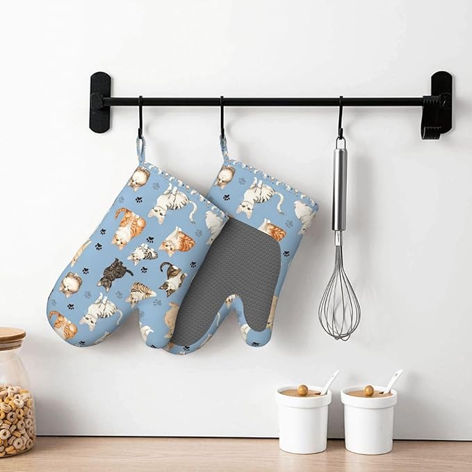 Cat Blue Silicone Oven Mitts Set of 2, Heat Resistant up to 500°F, Kitchen Oven Gloves with Non-Slip Grip and Soft Cotton Lining for Baking, Cooking and BBQ