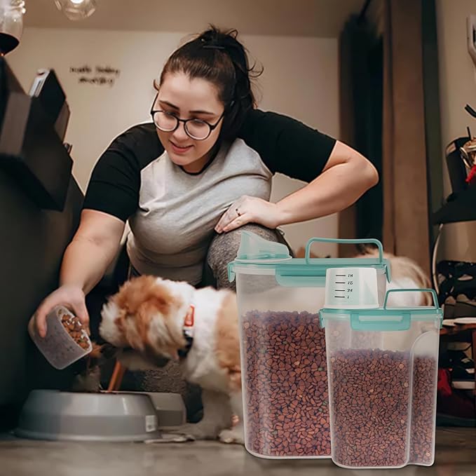 LEAWALK 5-7Lbs Dog Cat Food Storage Container with Upgraded Large Nozzle BPA-free, 4 Snap Seals Plastic Pet Food Storage Containers with Handles (Clear Blue, (5L+3L) 2pack)