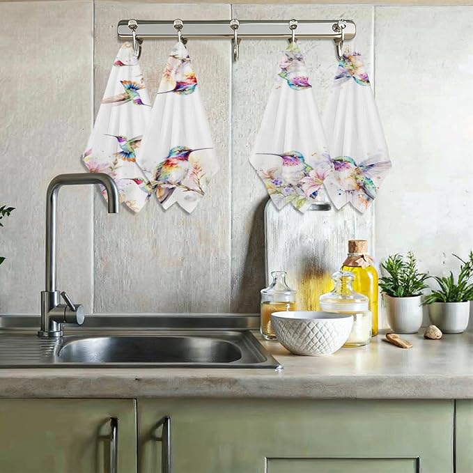 4 Pcs Artistic Hummingbird Kitchen Towels, Watercolor Floral Decorative Absorbent Microfiber Dish Cloth Tea Towel, Waffle Soft Hand Towels for Farmhouse Home Bathroom Decor, Housewarming Gifts