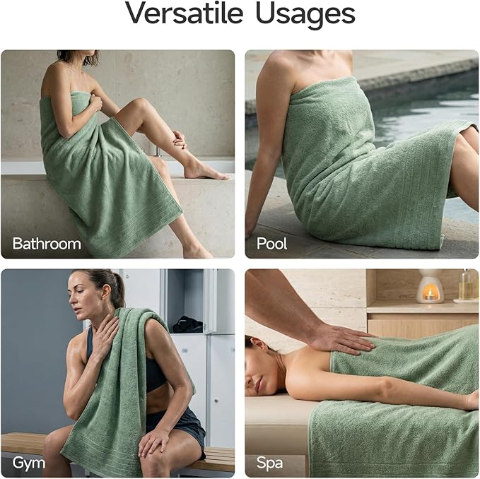 REDKISS 2 Pack 100% Cotton Thick Extra Large Bath Towels 35 X 70 Inches, Quick Dry, Ultra Soft & Highly Absorbent Green Bathroom Towel Sets for Bathroom, Gym, Spa, Pool & Hotel