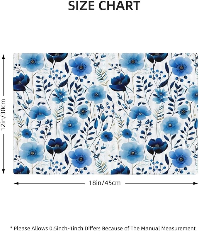Blue Floral Watercolor Linen Placemats Set of 4, 12" x 18" Heat Resistant Washable Boho Blue Table Mats for Dining Table Kitchen Party Outdoor, Elegant Home Decor & Gift for Floral Nature Enthusiasts