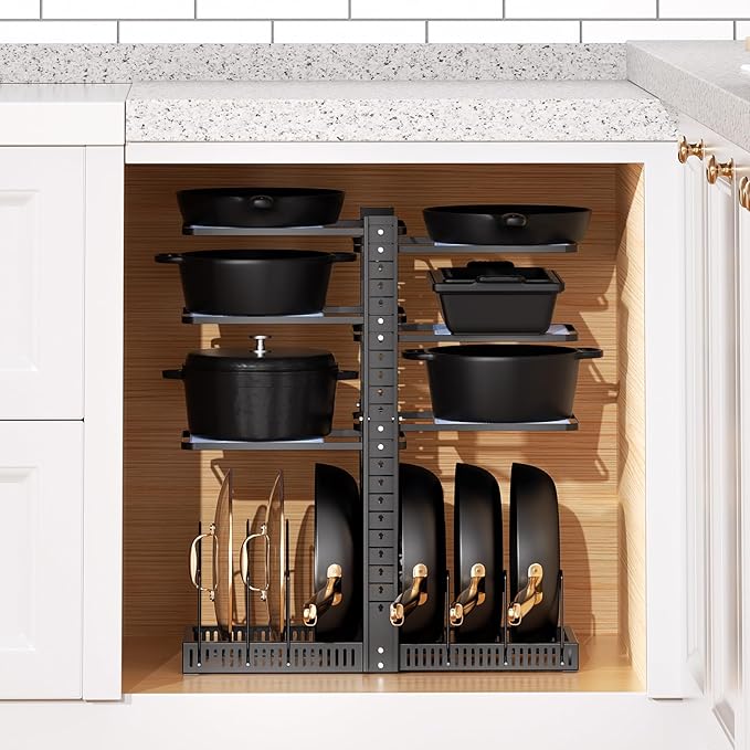 LAMU Pots and Pans Organizer under Cabinet, Expandable to 24" H Pan Organizers inside Cabinet for Kitchen Storage, 6 Adjustable Tiers and 6 Pot Lid Organizer Racks, Holds 12 Cast Iron Cookware Black