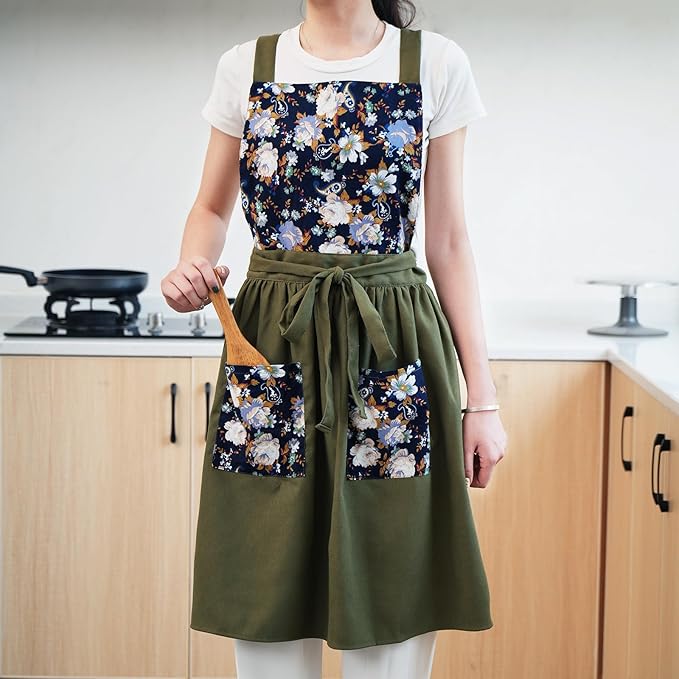 Pinknoke Vintage Pinafore Apron Dress for Women with Pockets Cute Floral Chef Aprons for Kitchen Cooking Baking Gardening