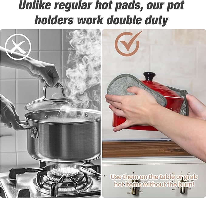 MAQIHAN Pot Holders for Kitchen - 4 PCS Cotton Pot Holder Set Hot Pads for Kitchen and Dining Essentials Decor and Accessories Gray 7 Inch Terry Cloth for Oven Cooking Baking Pans