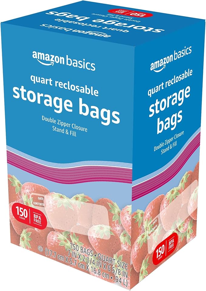 Amazon Basics Reclosable Quart Food Storage Bags with Double Zipper Seal, BPA Free, 150 Count