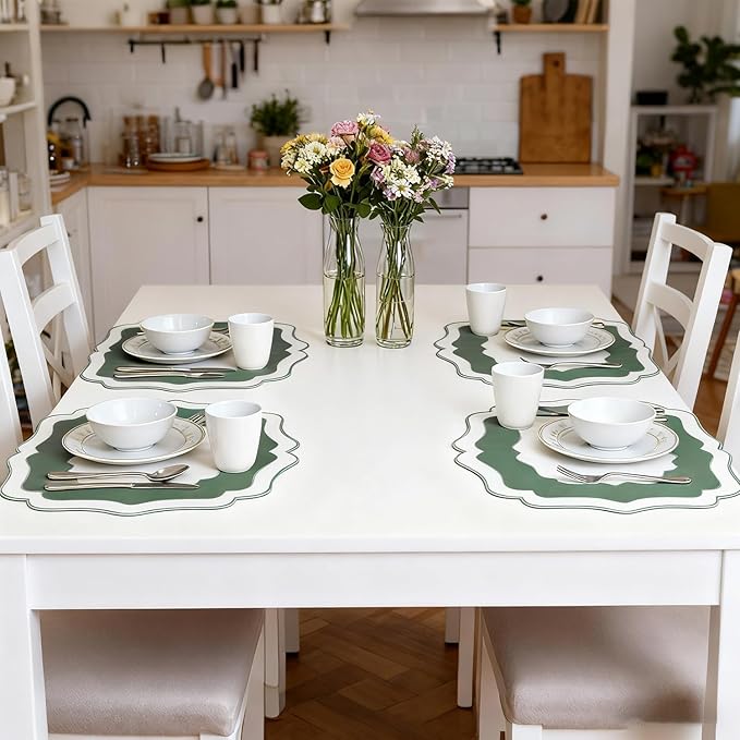 Embroidery Cotton Linen Placemats Set of 4, HADEEONG Table Mats Cloth Placemats, Washable Wrinkle Resistance, Double Layer Scalloped Fabric Placemats, 17.7 x 13.4inch (White with Green, 4)