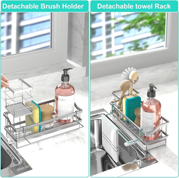 Sponge Holder for Kitchen Sink - Countertop Rustproof Stainless Steel, Kitchen Gadgets Accessories, Sink Caddy (Silver)