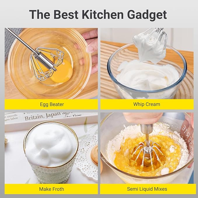 Egg Whisk, Upgraded Stainless Steel Semi Automatic Whisk,Hand Wisk Egg Beater Easy to Use for Making Cream, Blending, Whisking, Beating & Stirring (12 Inch)