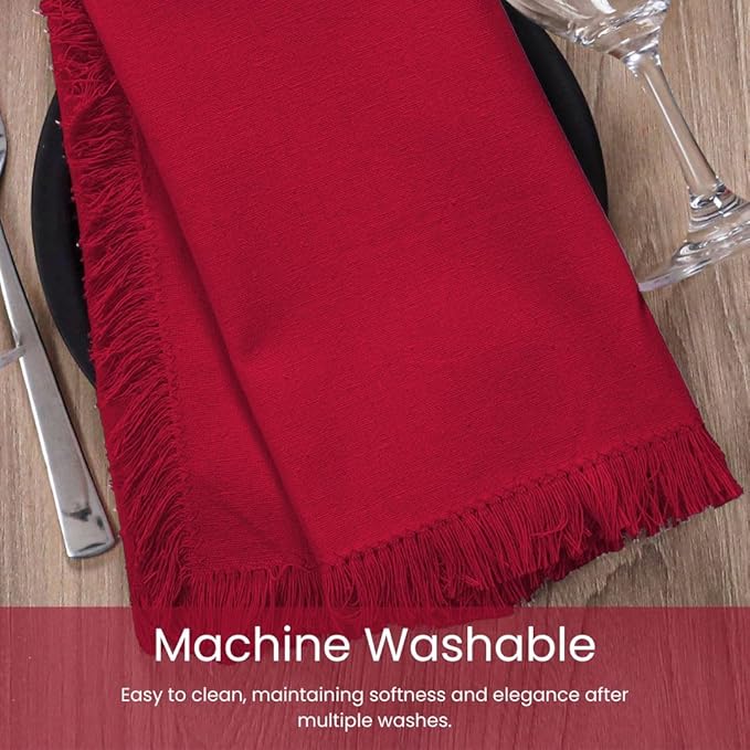 Set of 6 Dinner Napkins Fringes 100% Cotton - Soft Durable Reusable - Perfect for Dining Weddings Parties Holidays Easter Christmas and Everyday Use Table Napkins - 20x20 Inch Napkins Red