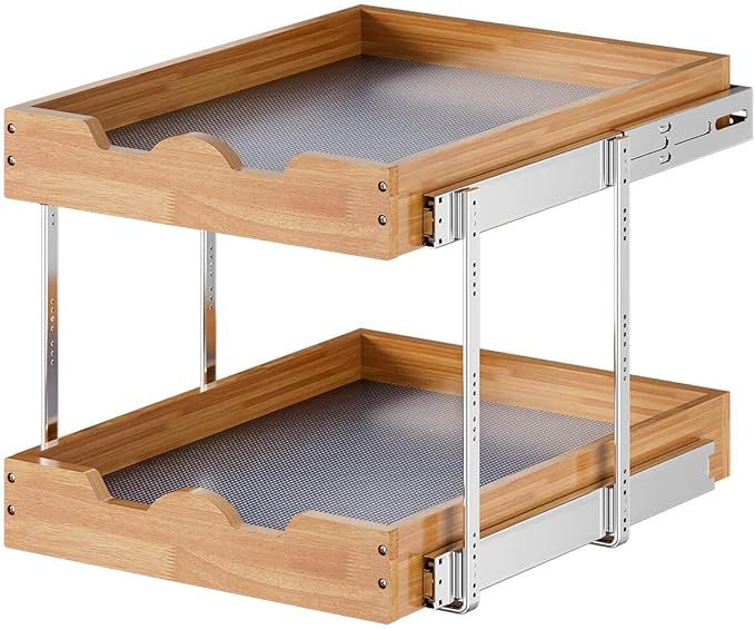 OCG 2 Tier Pull Out Cabinet Organizer (17"W x 21"D), Double Tier Slide out Wood Drawer Shelf, Pull Out Shelves for Base Cabinet Organization in Kitchen, Pantry, Bathroom