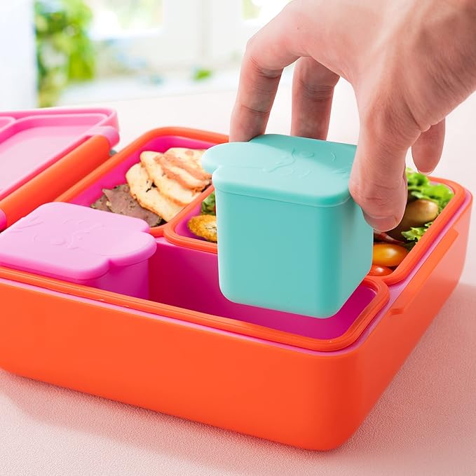 Homotte Leakproof Dips Containers Compatible with Omie Lunch Box, 2x 4 oz Salad Dressing Container To Go, Small Silicone Snack Condiment Container with Lids for kids (Pink/Teal)