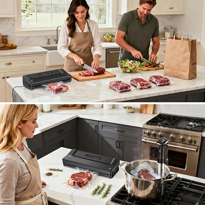 Bonsenkitchen Vacuum Sealer Machine | Compact Food Sealer for Kitchen Storage & Meal Prep | Multiple Modes | External Vacuum System | 5 Bags, Black