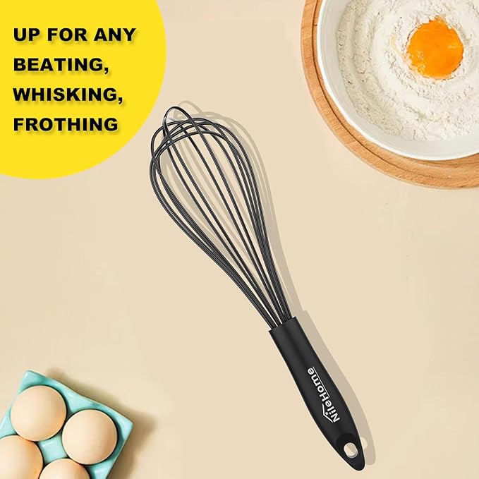 NileHome Silicone Whisk 10" Kitchen Whisk Kitchen Wisk Wire Whisks for Cooking, Whisking, Blending, Beating, Stirring-Black
