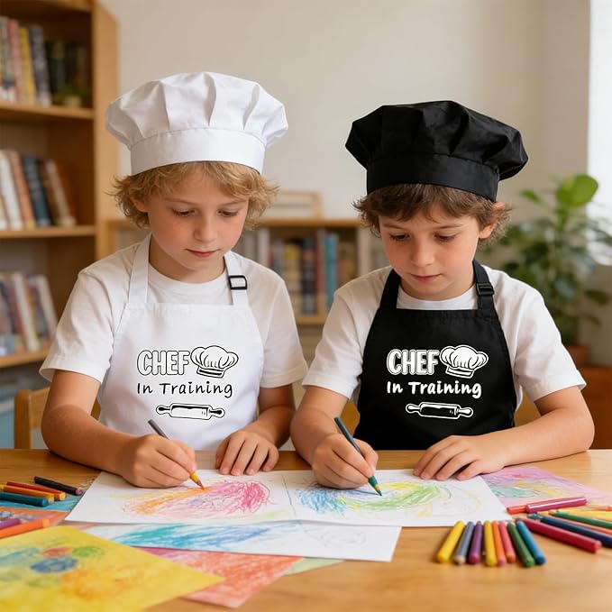 Kids Apron and Chef Hat Set Adjustable Child Aprons with 2 Large Pockets for Girls Boys Cooking Baking Painting Gift