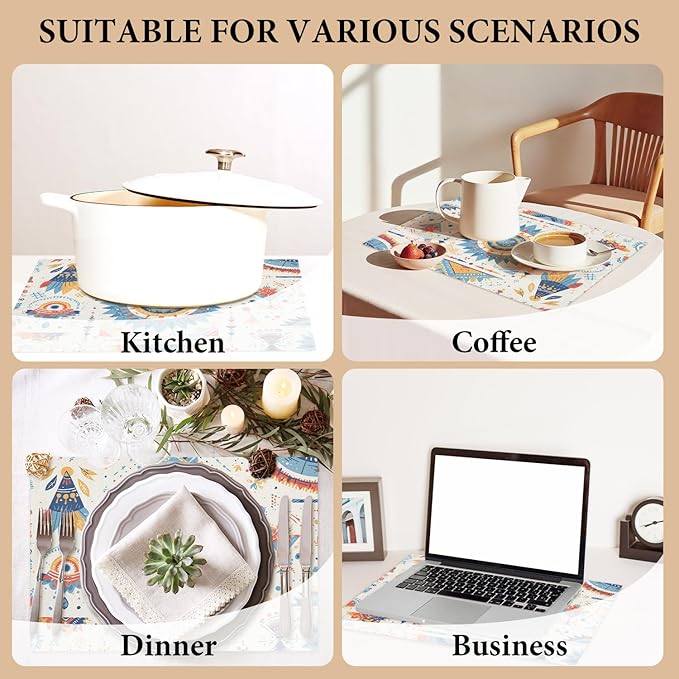 Cotton Linen Waterproof Placemats Set of 4, Bohemian Style Dining Mat Boho Table Mats Decor Fabric for Kitchen Dinner Coffee Shop Table, Indoor/Outdoor Washable Wipeable Placemat -N021