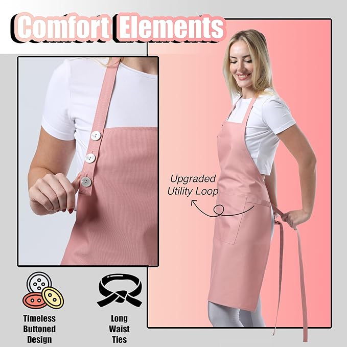 TOSHE Kitchen Apron Waterdrop Resistant Cotton Apron with adjustable Aprons for Women with Pockets Cooking Apron (2 Pack - Powder Pink)