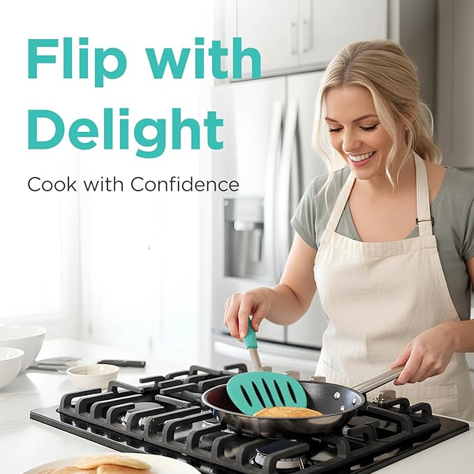 Kitchen Mama WaltzGrip Platinum Silicone Pancake Spatula Turner: Heat Resistant Flexible, Stainless Steel Core, Nonstick, Dishwasher Safe, Flipper – Ideal Kitchen Cookware for Eggs, Fish, Meat (Teal)
