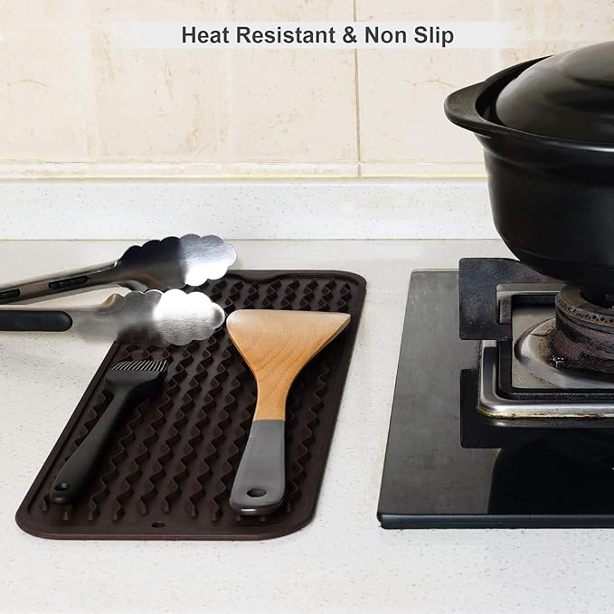ZLR Silicone Sponge Holder & Sink Caddy Tray (6" x 17") - Narrow Dish Drying Mat for Kitchen Counter - Waterproof Soap Dispenser Organizer, Non-Slip Bathroom Vanity Tray (Coffee)