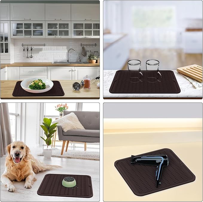 ZLR Large Silicone Dish Drying Mat (16" x 18") - XL Heavy Duty Drainboard Mat for Pots, Pans & Family Loads - Heat Resistant Trivet & Counter Protector, Easy Clean (Coffee)