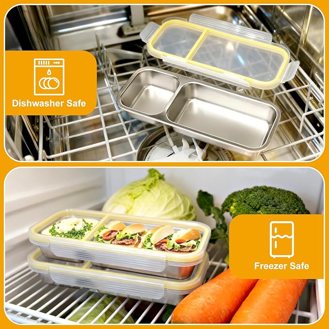 Stainless Steel Snack Containers with Lids,(2Pack) 2 Compartment Snackle Box Airtight Leakproof, Reusable Bento Box Food Storage Containers for Lunch Travel Picnics Office
