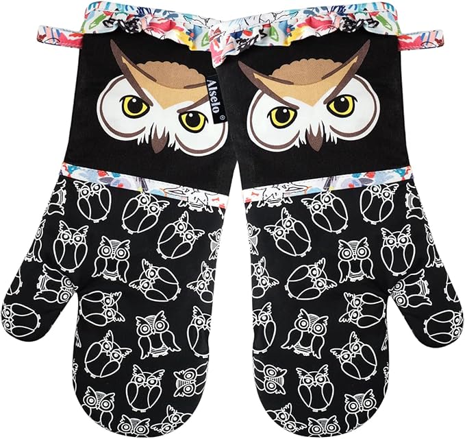 Alselo Oven Mitts, Heat Resistant with Soft Quilted Cotton Lining Set of 2, Fashion Animal Design with Silicone Printing Anti-Slip Kitchen Gloves for Safe Backing Cooking Barbecue(Black 2)